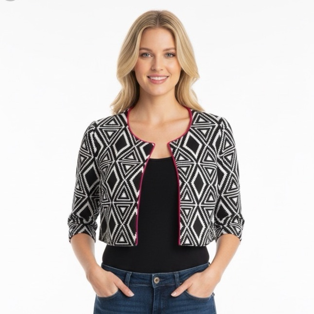 CHELSEA SUITE abstract black white and red blazer jacket size 8